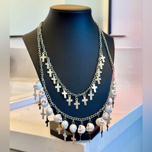 Layered Statement Piece Feat Silver Cross’ & Lab Created White Turquoise Skulls